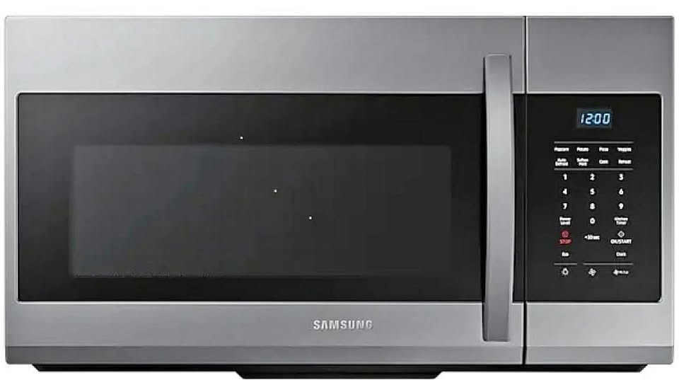 Samsung over-the-range microwave oven with digital display and control panel.