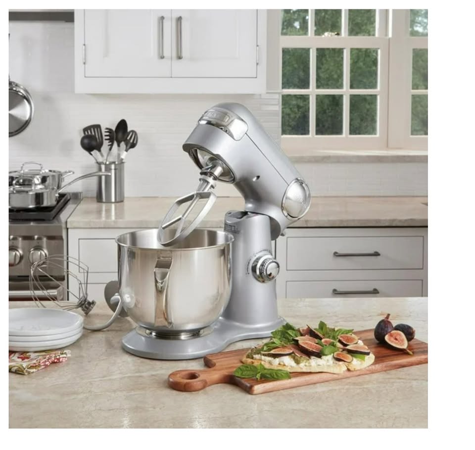 Silver stand mixer on a kitchen counter