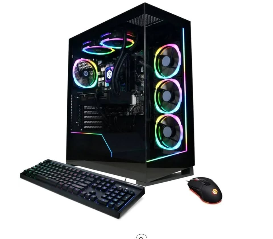 Gaming computer setup with RGB lighting, keyboard, and mouse