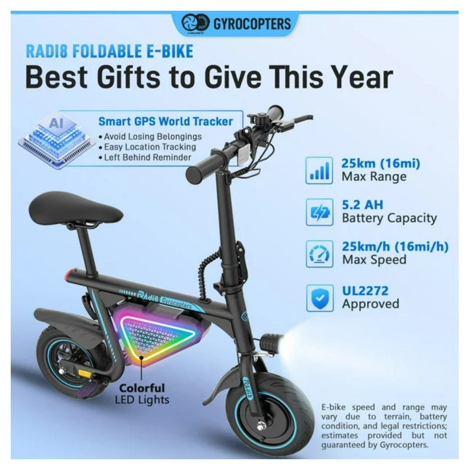 Gyrocopters Radi8 Electric scooter (Black) | UL 2272 approved | 25 km Range | 25 km/h