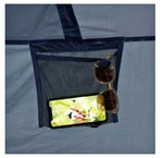 Blue and grey tent with phone storage
