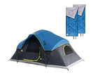Blue and grey tent and blue sleeping bag