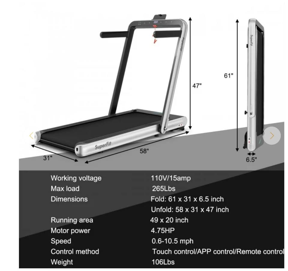 Treadmill with dimensions and running area and other features