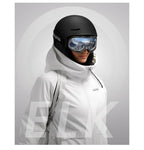 Person wearing ski jacket and black helmet and grey goggles