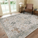 Patterned rug in a room with a chair and lamp