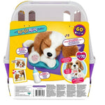 Toy puppy in a carrier with packaging featuring 'My Really Real Puppy' branding.