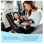 Woman interacting with a baby in a car seat inside a vehicle, with text about car seat safety.