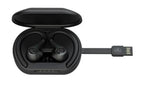 Black wireless earbuds with charging case and USB cable