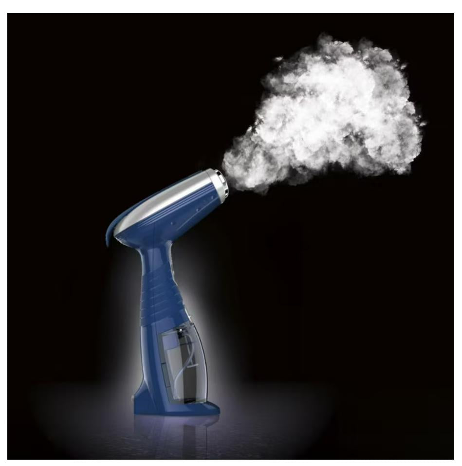 Blue handheld steamer emitting steam