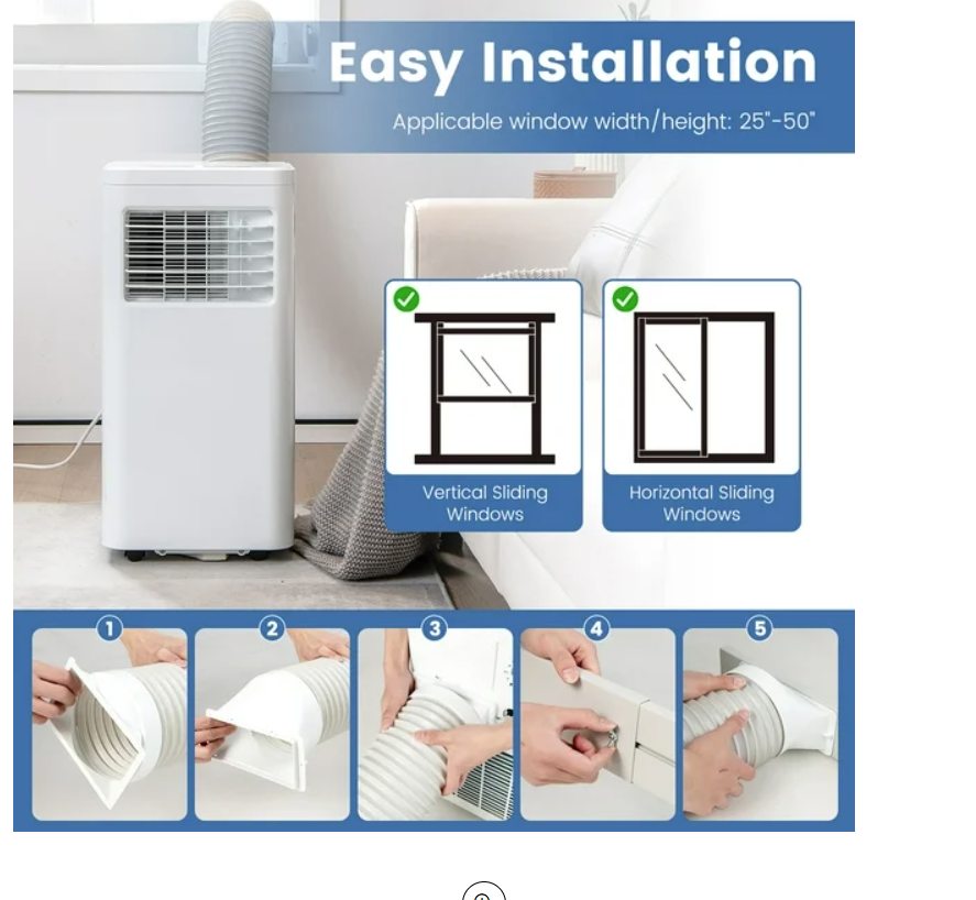Portable air conditioner with installation instructions for vertical and horizontal sliding windows.