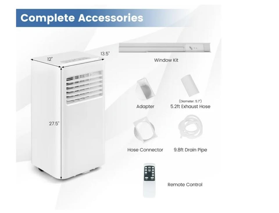 White portable air conditioner with labelled accessories
