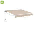 Beige retractable awning with white trim