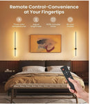 Bedroom scene with a hand holding a remote control, showcasing features like three color temperatures, adjust brightness, timer, and color modes.