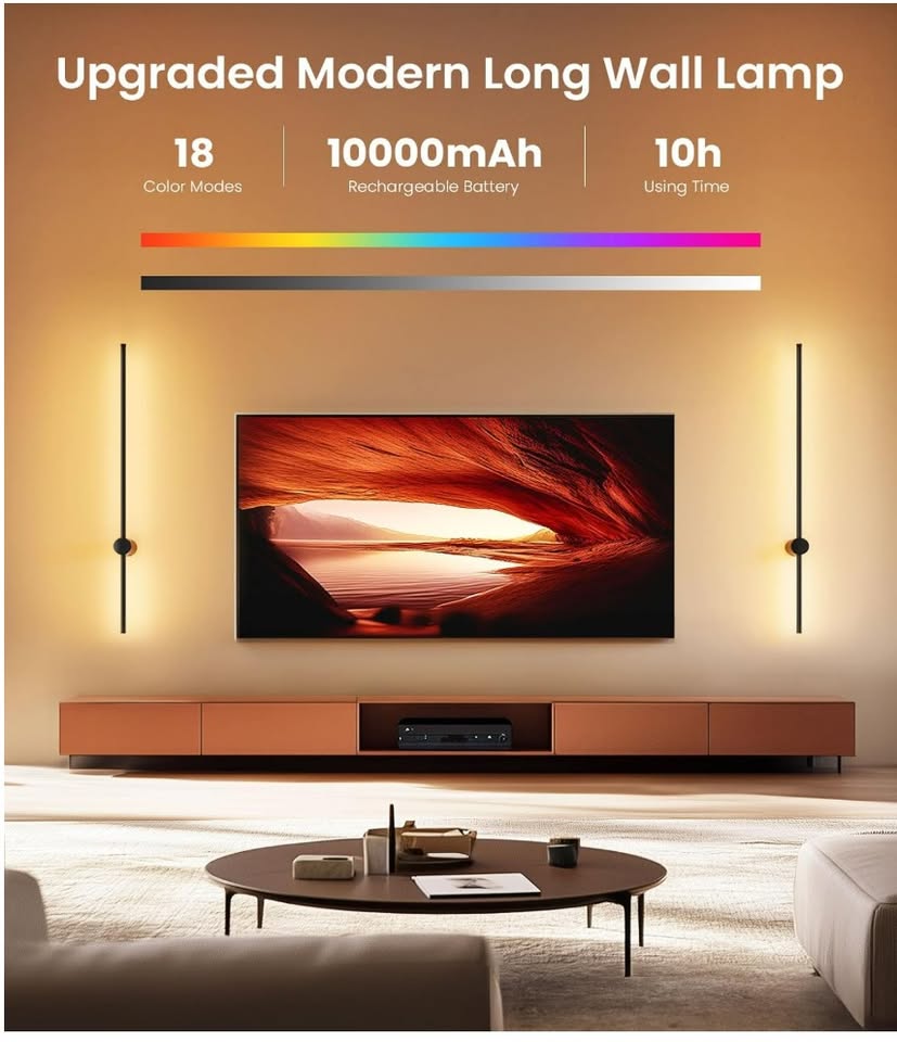 Modern long wall lamp with LED display in a living room setting