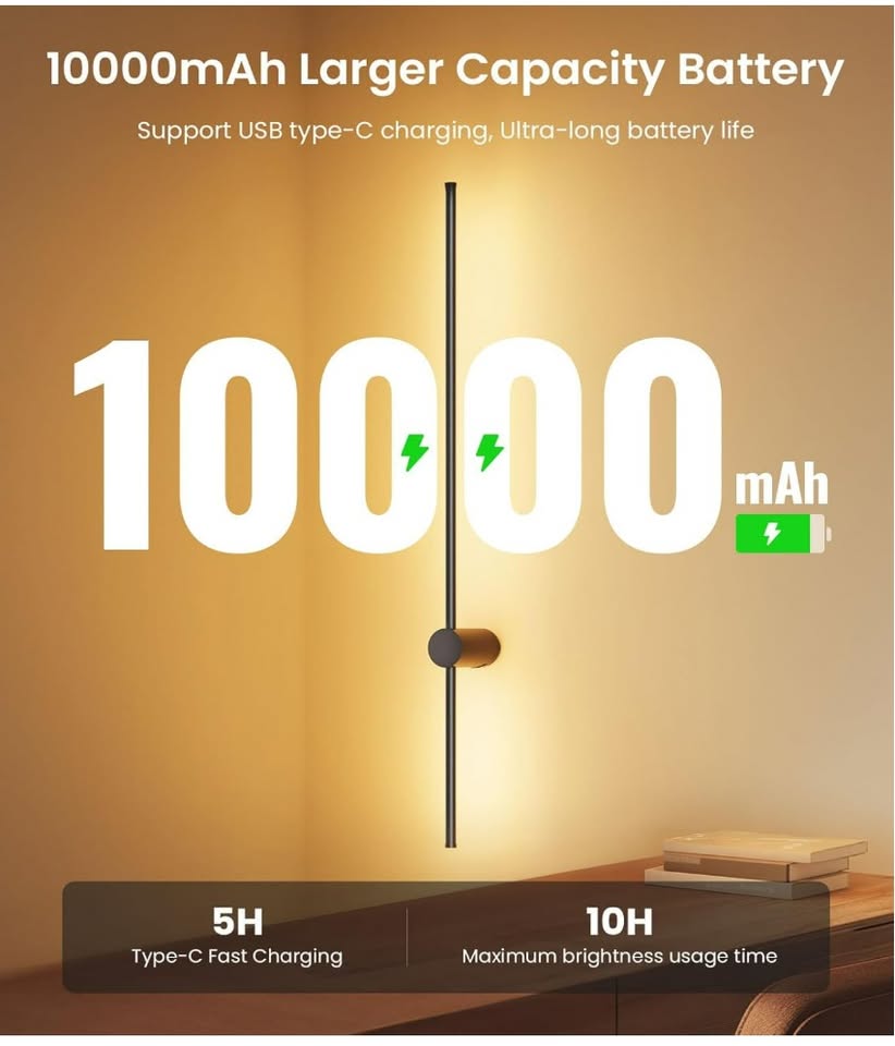 Battery pack with 10000mAh capacity and charging information on a wooden surface.