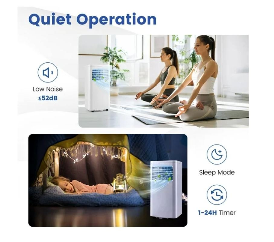 Portable air conditioner with 'Quiet Operation' features shown in a home setting.