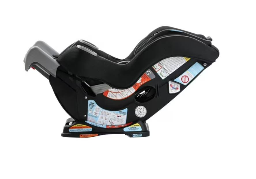 Black baby car seat with safety labels