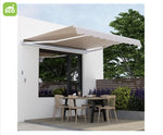 Retractable awning over an outdoor dining area with a clear sky and trees 