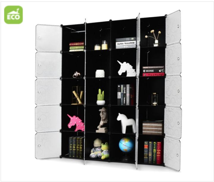 Modular storage cabinet with shelves and decorative items, featuring the ECO brand logo.