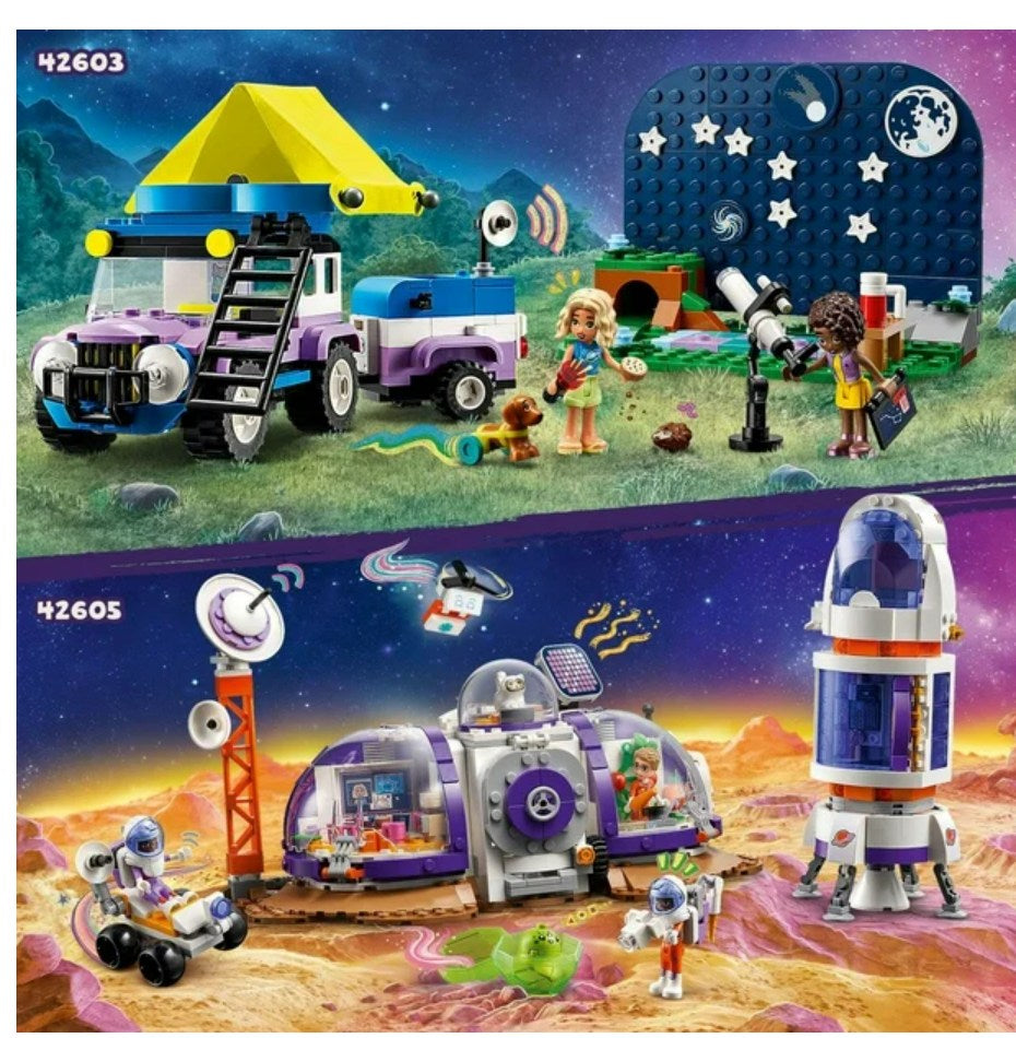 Toy set with space-themed vehicles and figures on a colorful background