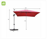 Red patio umbrella with dimensions of height and width