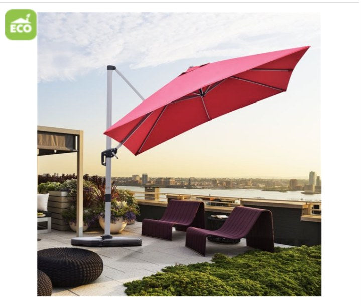 Red patio umbrella on a stand