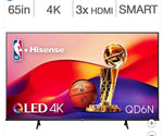 Hisense QLED 4K TV with NBA branding, featuring a basketball and trophy on the screen.