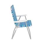 Blue patterned folding chair with grey arm rest
