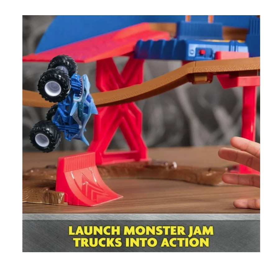Toy monster truck on a ramp with text 'Launch Monster Jam Trucks