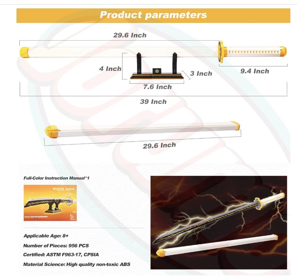 Parameters and features of a toy sword with measurements and safety certifications. 