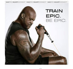Man using a resistance band with 'Train Epic. Be Epic.' text