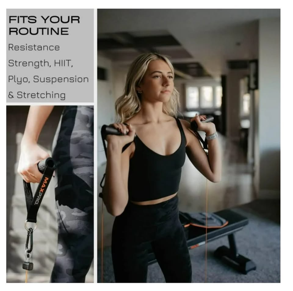 Woman exercising with resistance bands in a home setting