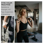 Woman exercising with resistance bands in a home setting