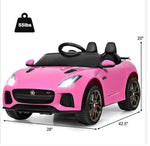 Pink toy car with dimensions and weight label