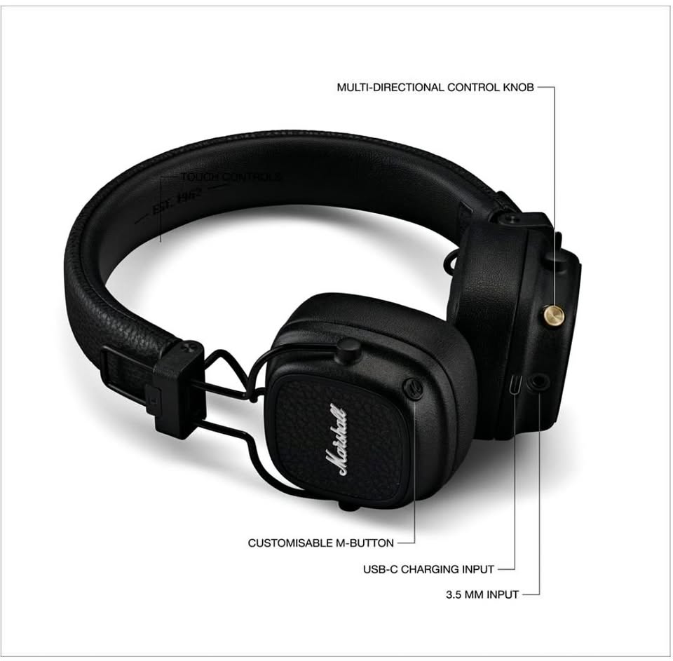 Marshall Major V Wireless On-Ear Headphones with 100+ Hours of Playtime - Black