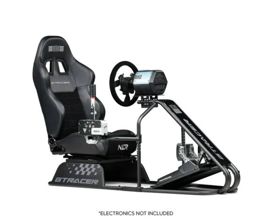 Black racing simulator seat with steering wheel and display
