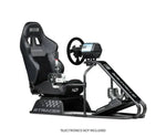 Black racing simulator seat with steering wheel and display
