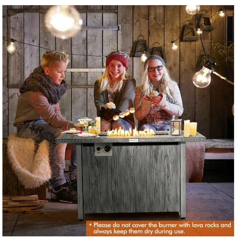 Rectangular propane fire pit table with wood grain design