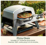 Cuisinart portable stainless steel outdoor pizza oven with built-in temperature gauge and side control knob.