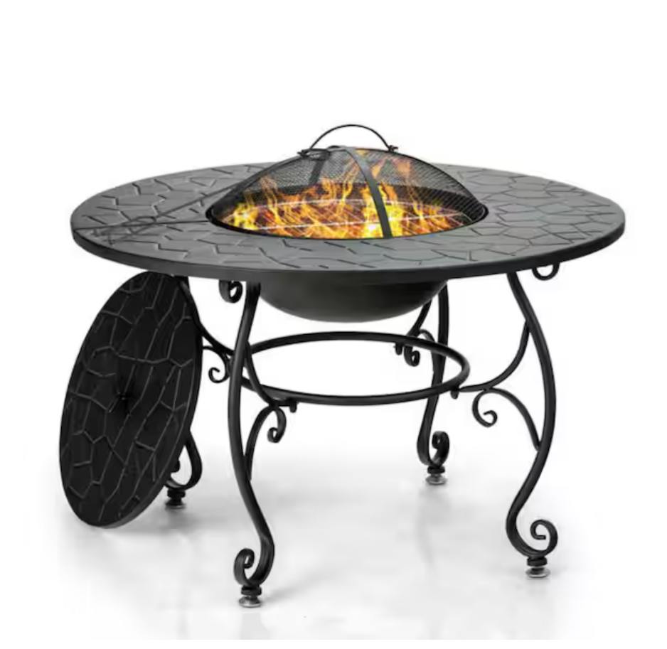 35.5 in. Black Metal Patio Outdoor Wood Burning Fire Pit Table Multifunctional Dining Table