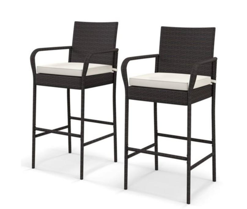 2-Piece Black Wicker Counter Height Cushioned Patio Barstools