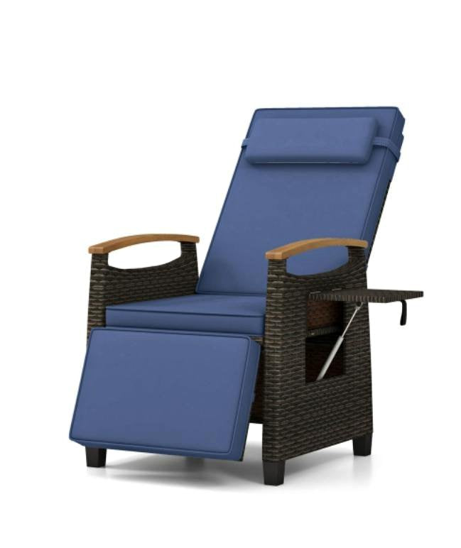 1 Piece Wicker Patio Recliner Chair with Flip-Up Footrest and Adjustable Backrest, Navy Blue