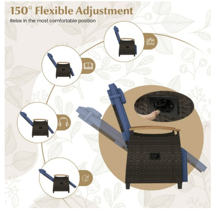 1 Piece Wicker Patio Recliner Chair with Flip-Up Footrest and Adjustable Backrest, Navy Blue