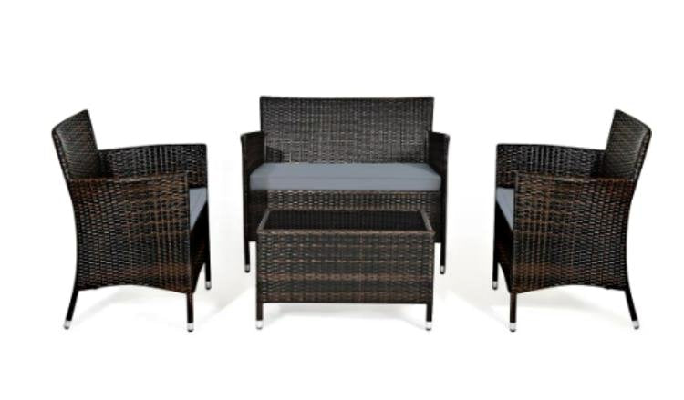 4PCS Rattan Patio Furniture Set Cushioned Sofa Chair Coffee Table Garden Grey