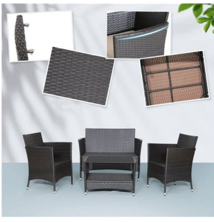 4-piece Rattan Patio Furniture Set Armrest Cushion Sofa Coffee Table withShelf Garden