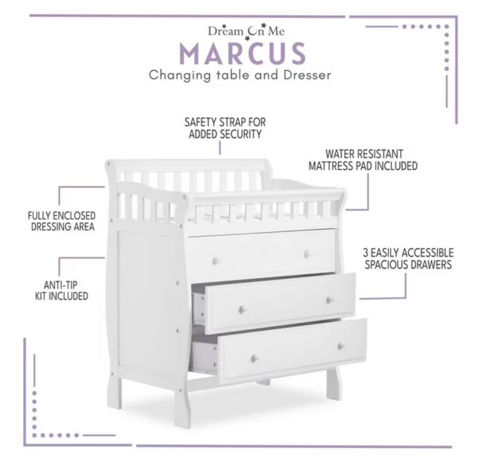 Dream On Me Marcus changing Table and Dresser, 3 spacious drawers