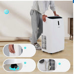 A person carrying a portable air conditioner with showing its features.