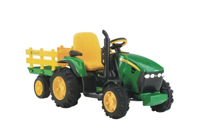 Toy tractor with a yellow trailer