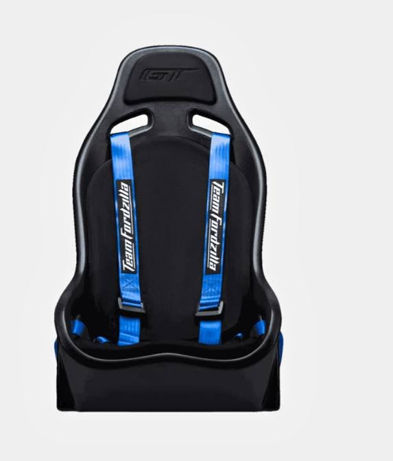 Black racing seat with blue harnesses