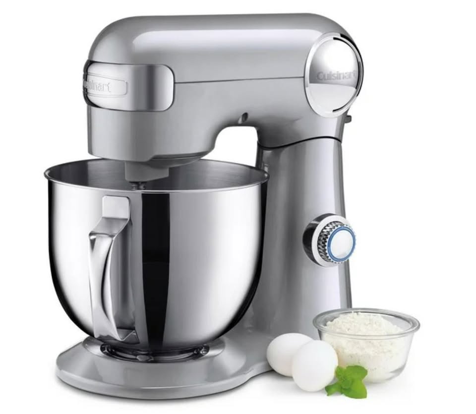 Silver stand mixer with a bowl